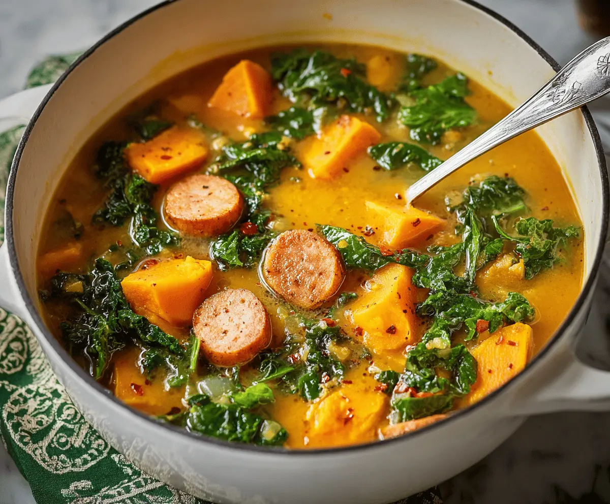 A bowl of warm, hearty Sweet Potato Kale Soup garnished with fresh herbs and served with crusty bread on the side.