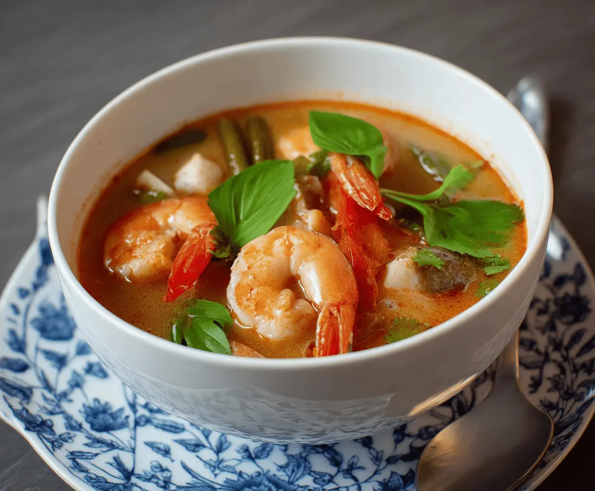 Spicy Thai Tom Yum Soup with shrimp, mushrooms, lemongrass, lime, and fresh herbs in a bowl