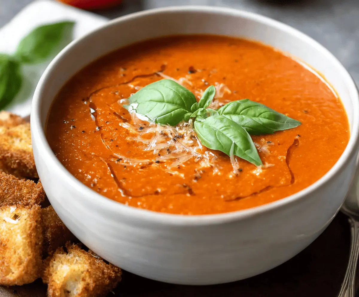 Creamy tomato basil soup served in a bowl garnished with fresh basil leaves and a slice of crusty bread on the side.