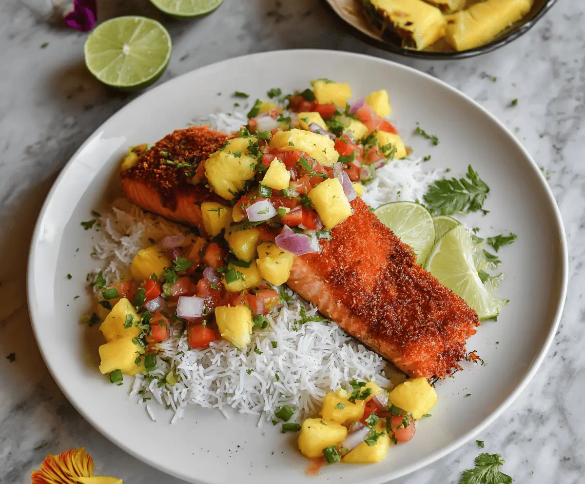 Delicious tropical coconut crusted salmon topped with vibrant pineapple salsa, served with fresh greens for a flavorful seafood dish