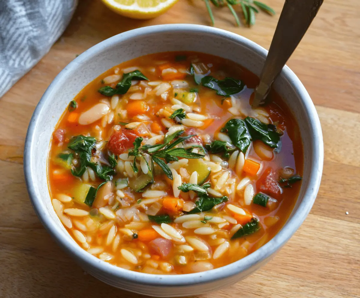A steaming bowl of vegetable orzo soup garnished with fresh herbs, featuring colorful vegetables and tender orzo pasta in a flavorful broth.