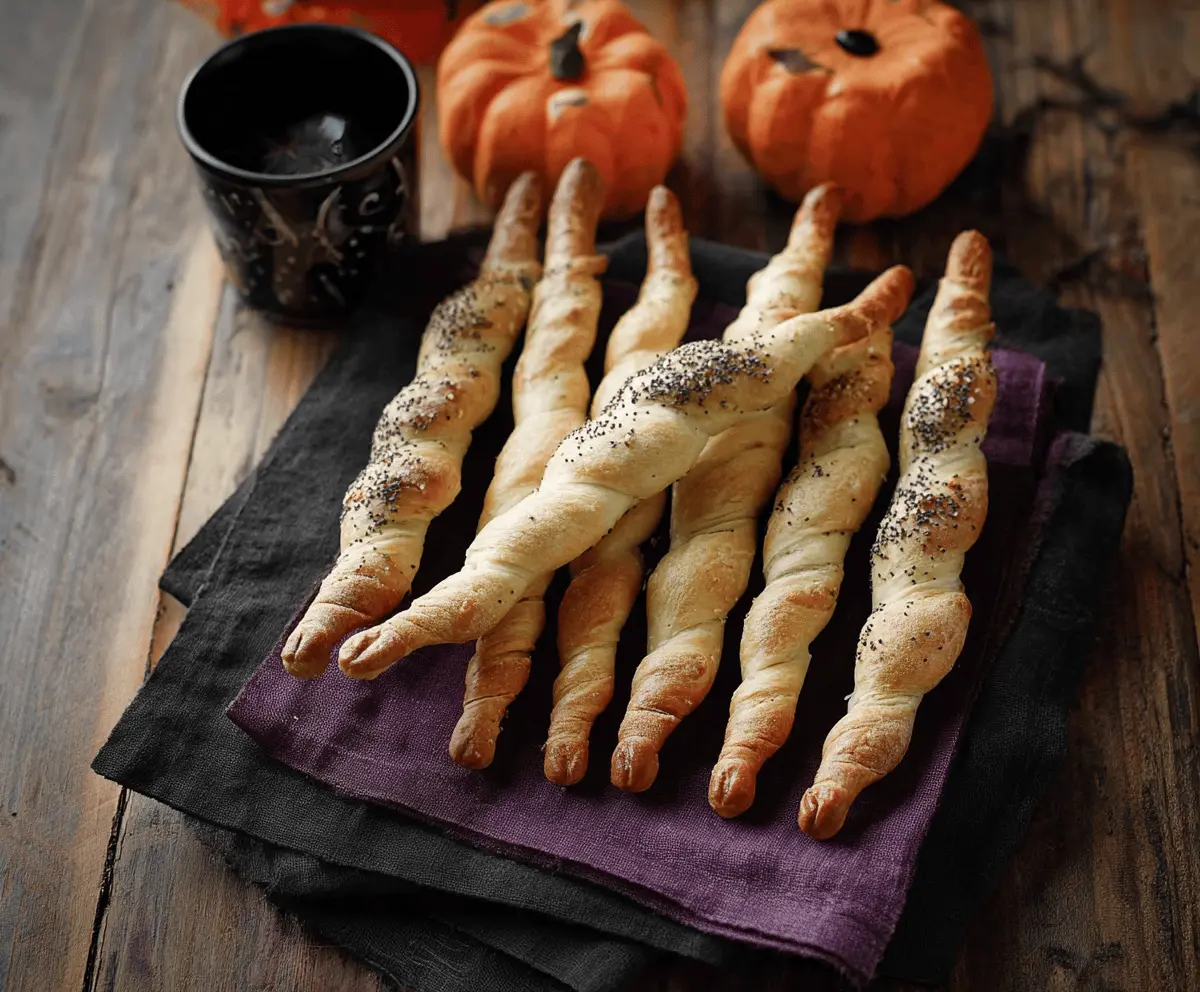 Creepy witch finger breadsticks with almond fingernails and almond nail beds on a serving platter, perfect for Halloween snacks