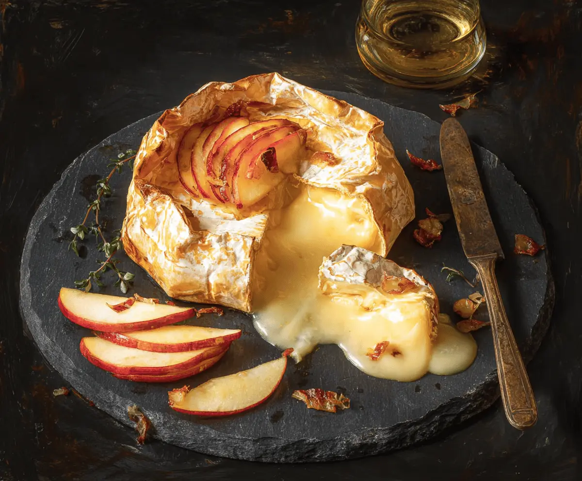 Delicious Apple Brie appetizer featuring sliced apples, melted brie cheese, and a drizzle of honey on a wooden platter.