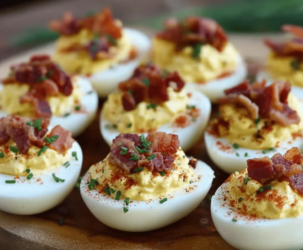 Delicious bacon deviled eggs garnished with chopped bacon and fresh herbs.