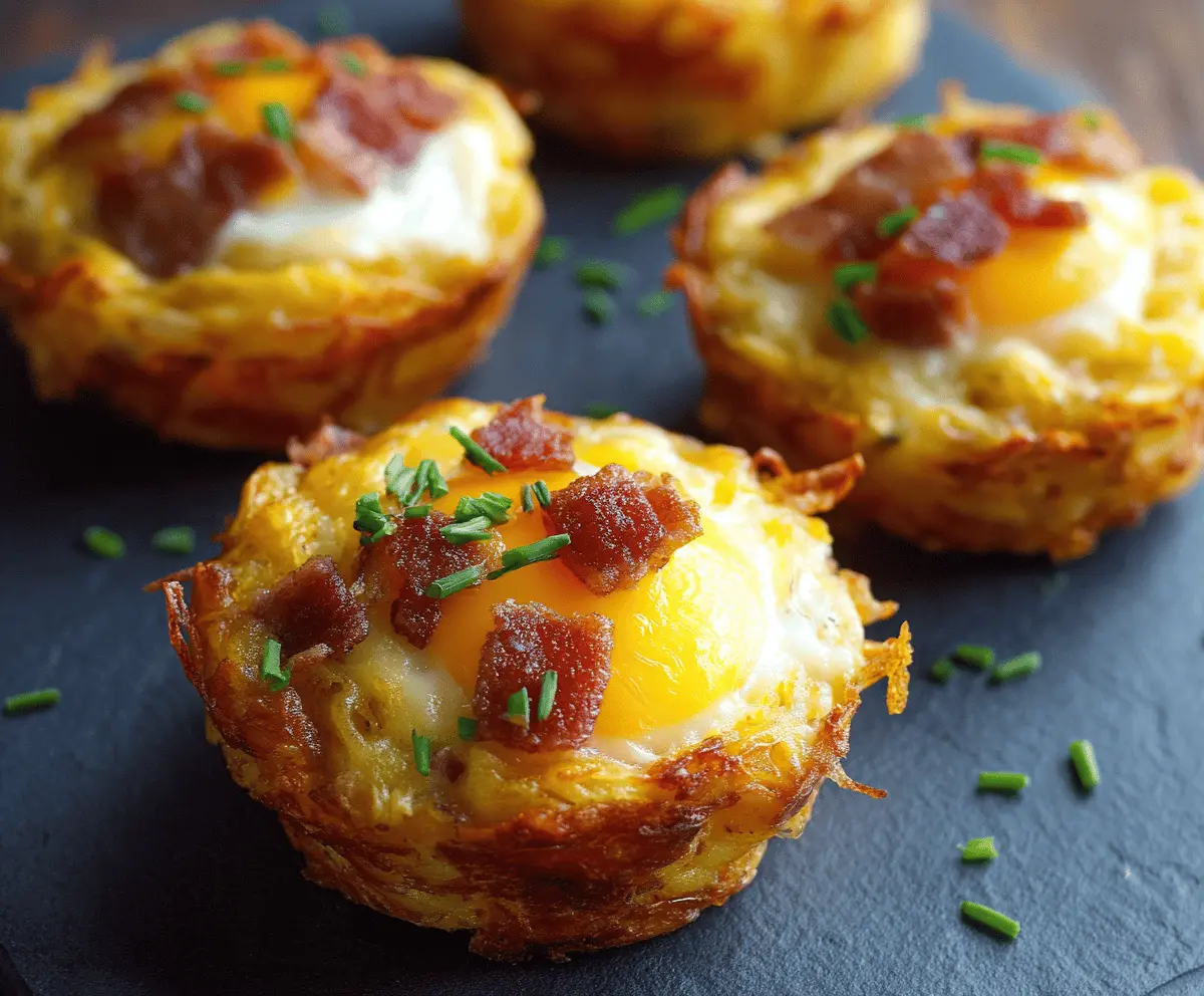 Bacon, egg, and cheese hash brown cups served on a white plate for breakfast.