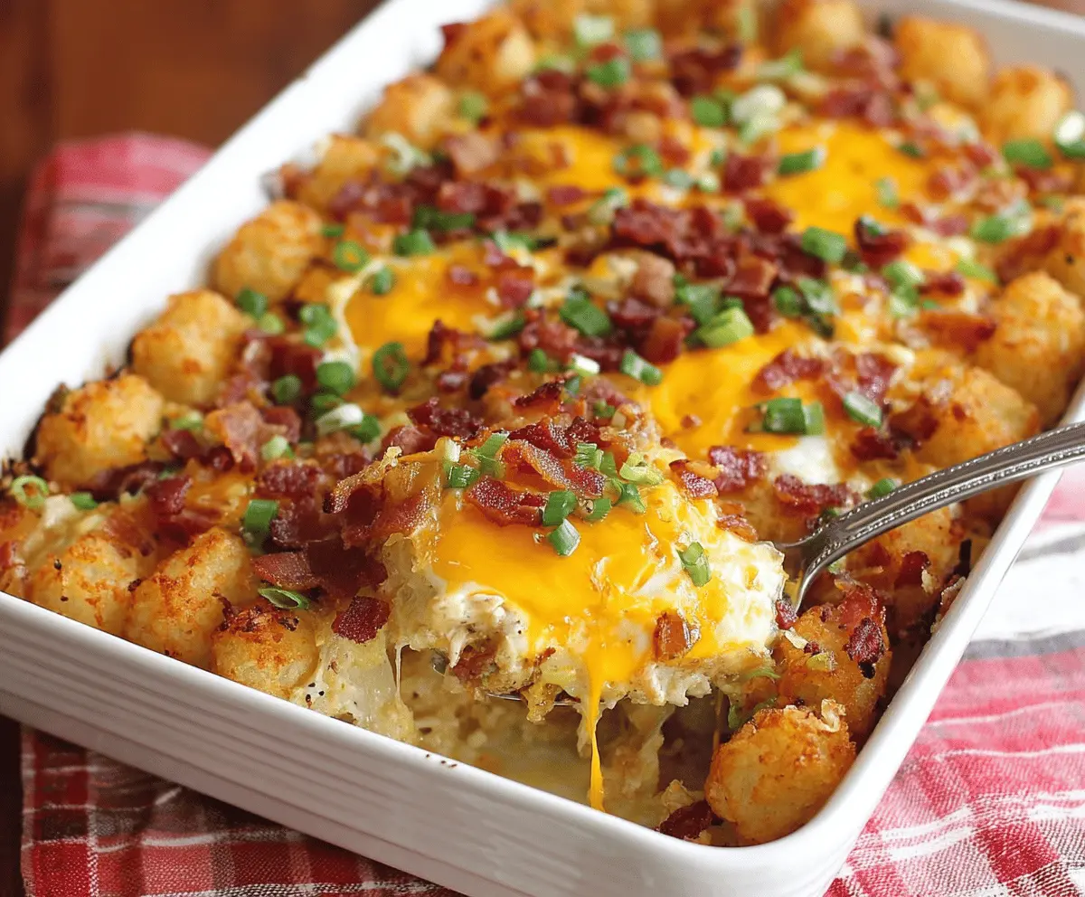 Delicious Bacon Egg and Tater Tot Casserole with crispy bacon and golden tater tots on a baking dish.