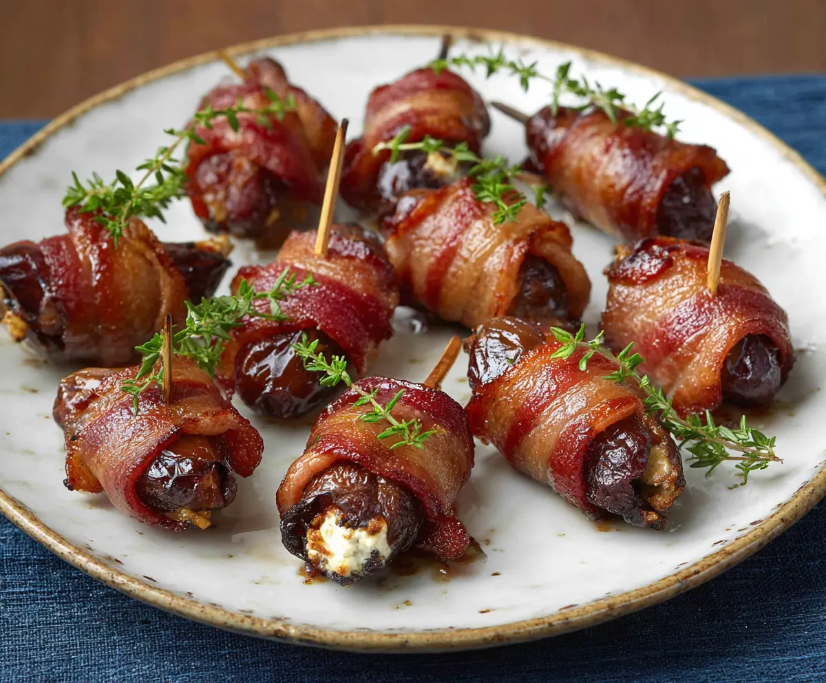 Delicious bacon-wrapped dates stuffed with creamy goat cheese, perfect appetizer for parties.