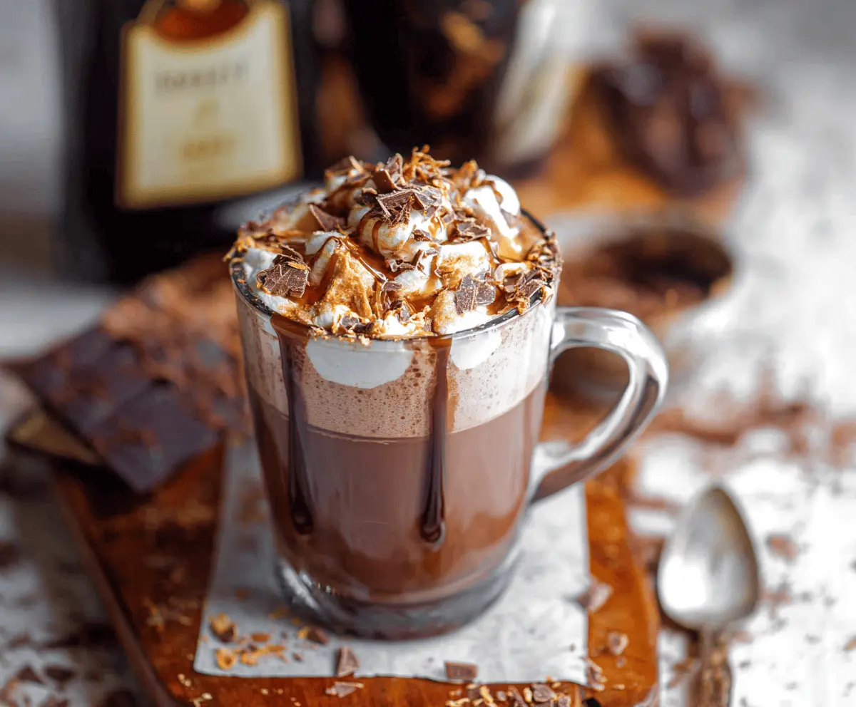 Creamy Baileys Hot Chocolate topped with whipped cream and chocolate shavings in a cozy mug.