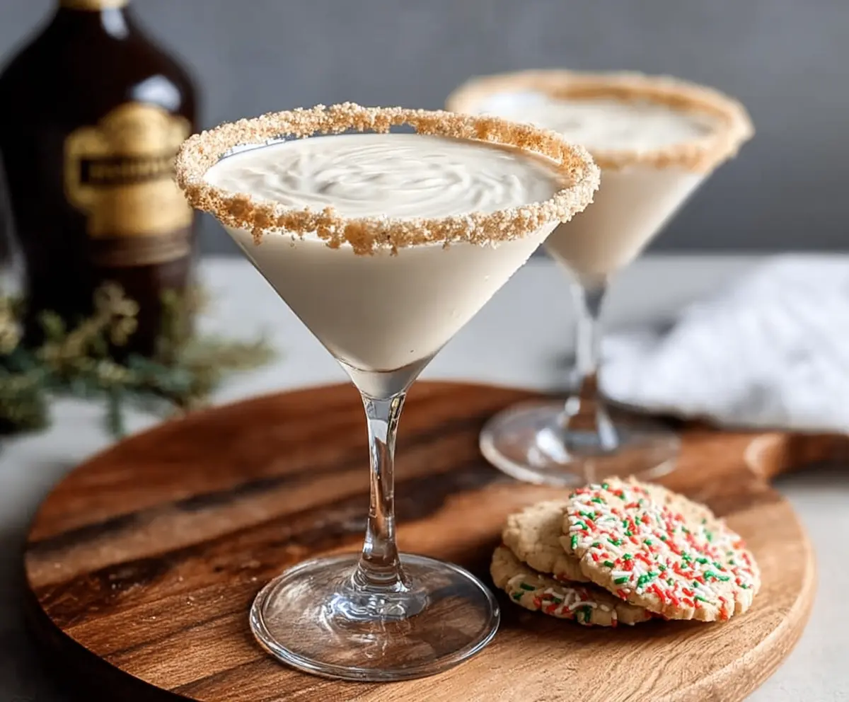 Delicious Baileys Sugar Cookie Martini in a cocktail glass, garnished with a sugar rim and festive decorations.