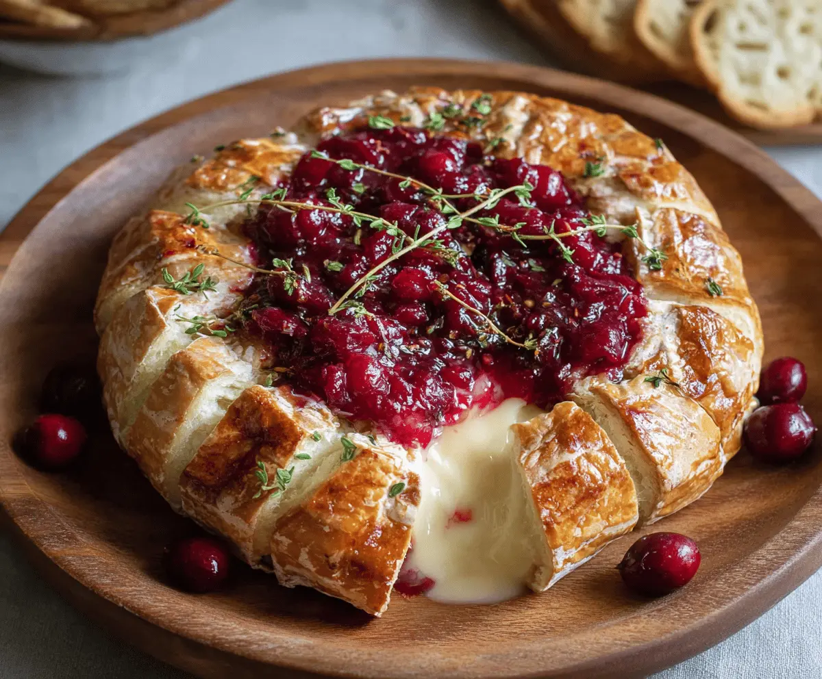 Delicious baked brie cheese topped with fresh cranberries and herbs, perfect for holiday appetizers.