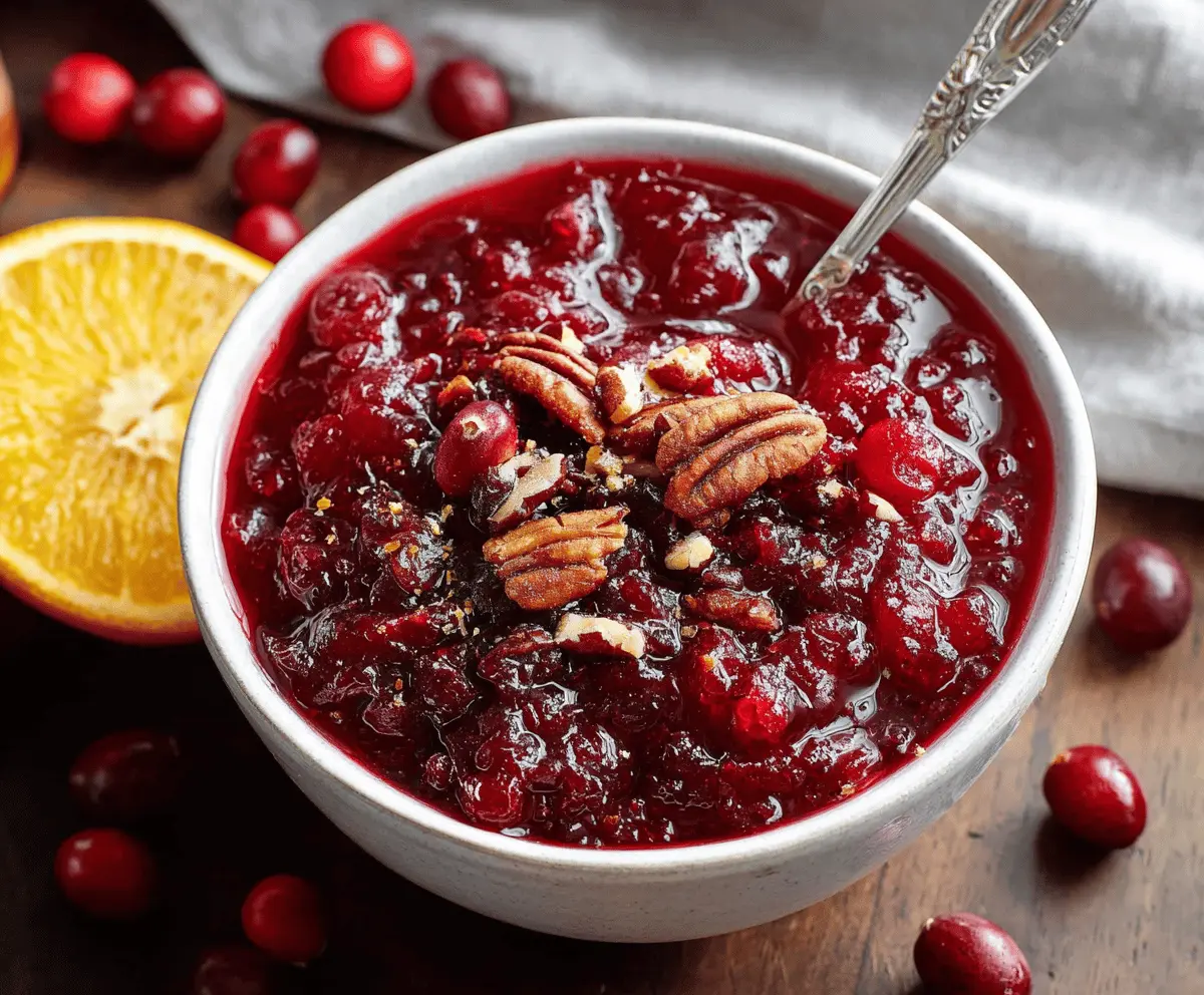 Delicious baked cranberry sauce served in a rustic bowl for festive occasions