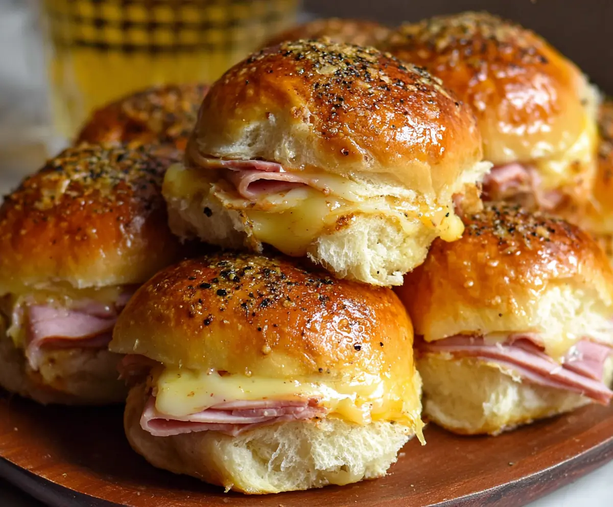 Delicious baked ham and cheese sliders fresh out of the oven, perfect for a savory snack or party appetizer.