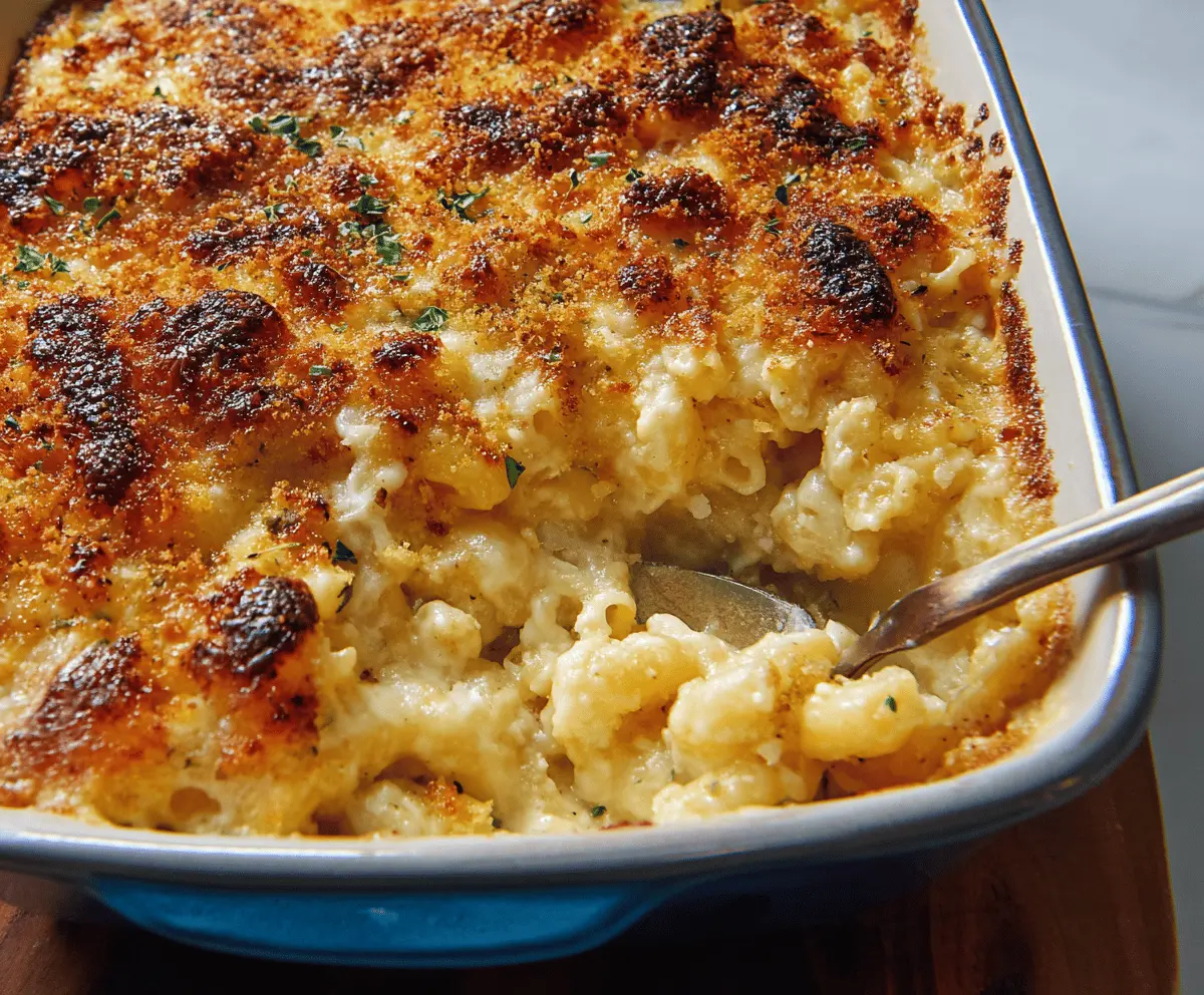 Creamy baked mac and cheese with golden crust, perfect comfort food.