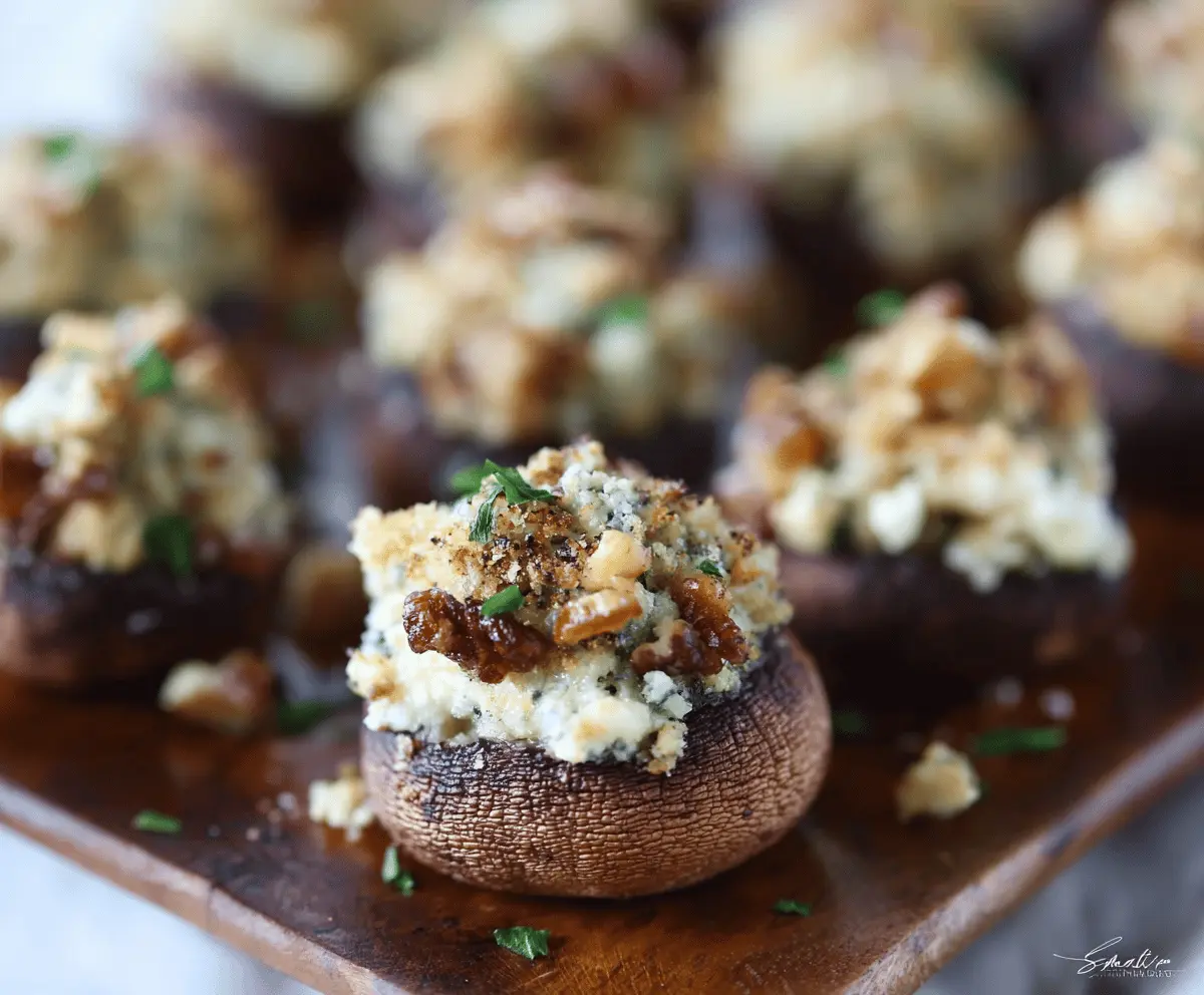 Delicious blue cheese and walnut stuffed mushrooms on a serving plate, perfect for appetizer lovers.