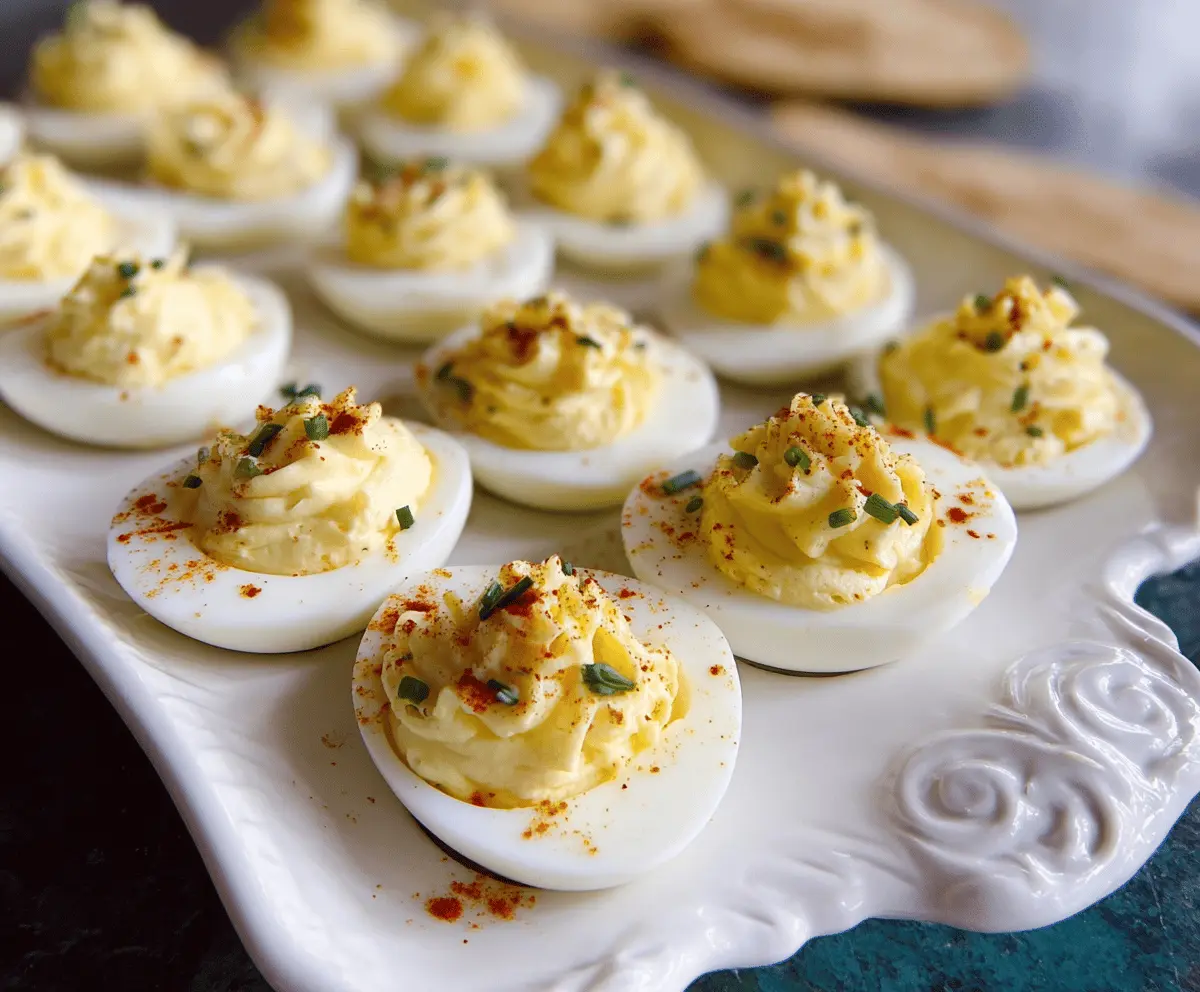 Creamy Boursin deviled eggs garnished with fresh herbs for an elegant appetizer.