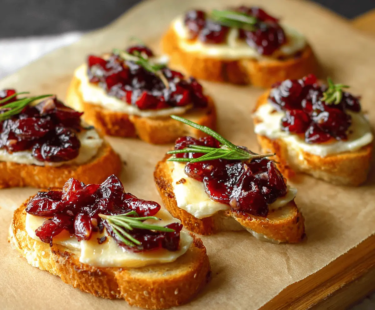 Delicious Brie and Cranberry Crostini appetizer with creamy cheese and tart cranberry topping on toasted baguette slices
