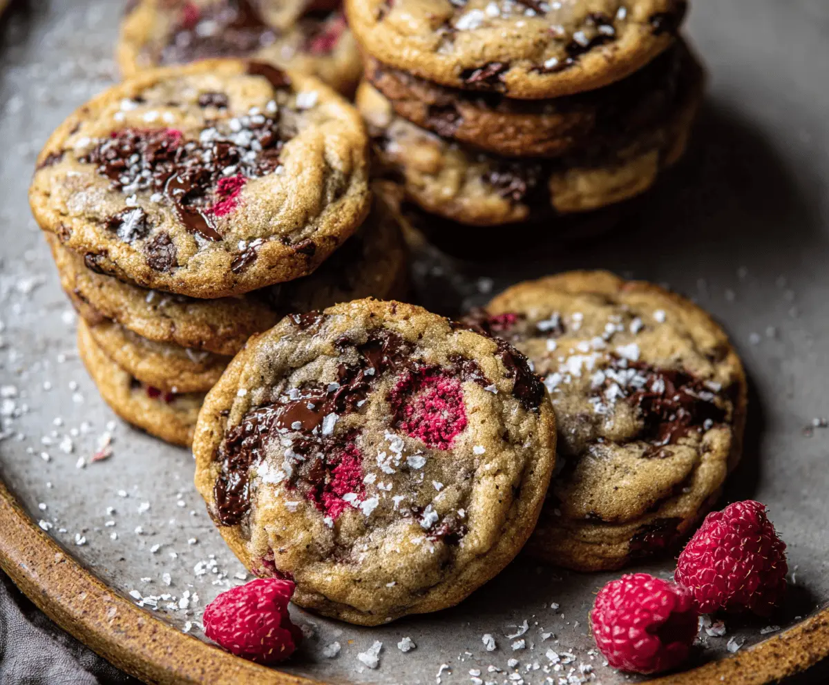Delicious brown butter raspberry chocolate chip cookies on a white plate with fresh raspberries.