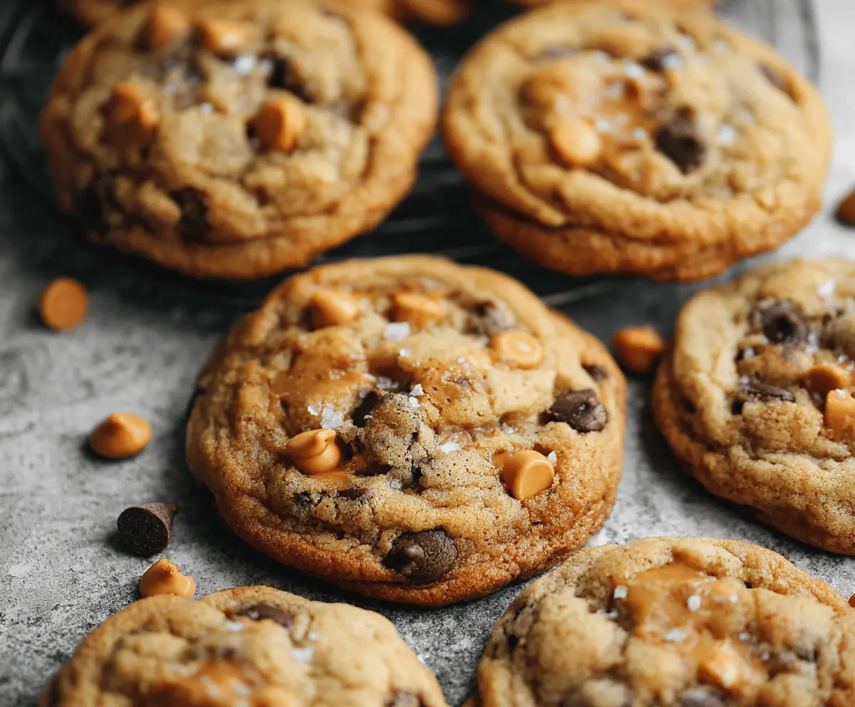 Freshly baked butterscotch chocolate chip cookies on a baking sheet with golden edges.