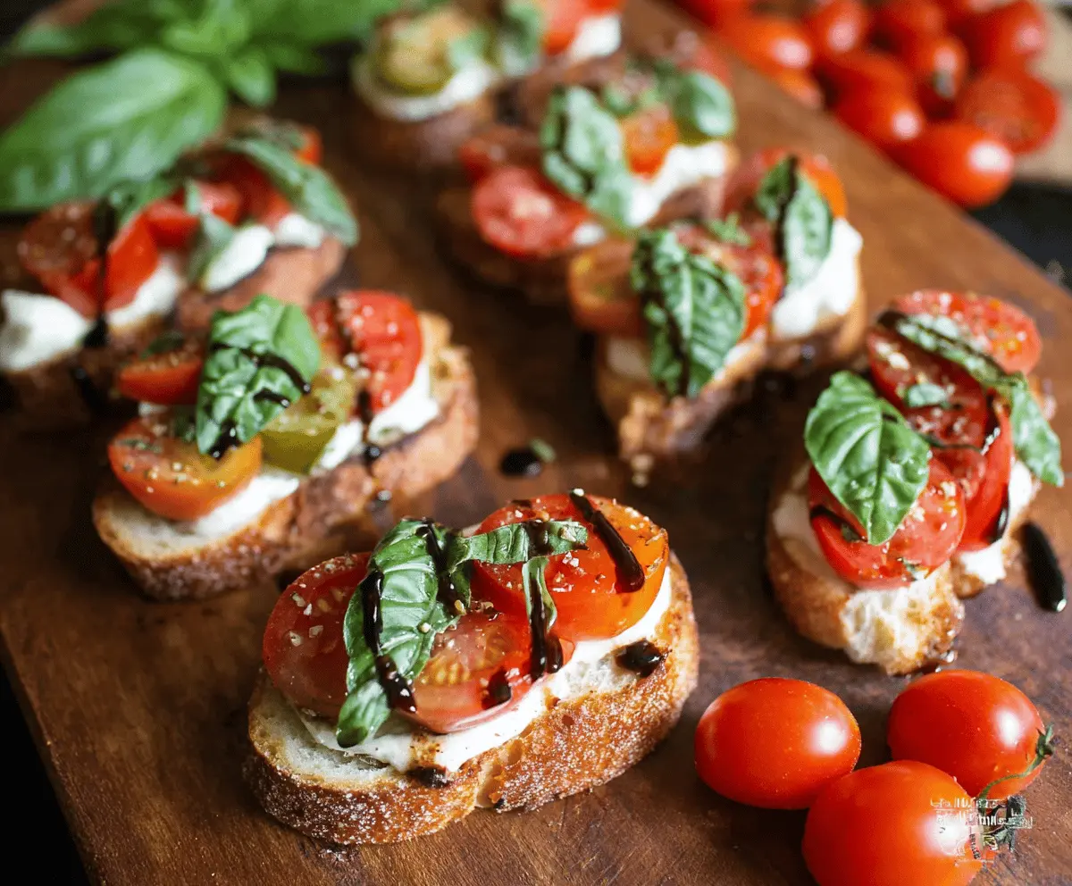 Close-up of a delicious Caprese Bruschetta with fresh tomatoes, basil, and melted mozzarella on toasted bread.