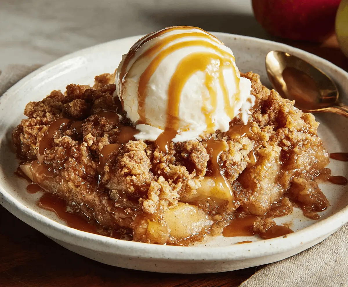 Delicious caramel apple dump cake with a golden crust and caramel drizzle topping.