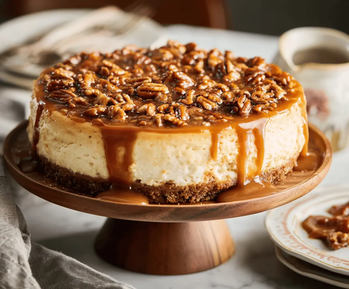 Delicious Caramel Pecan Cheesecake topped with caramel drizzle and chopped pecans