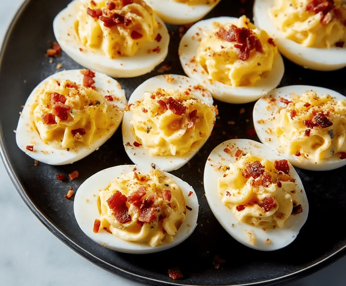 Delicious Carbonara Deviled Eggs garnished with herbs, perfect for appetizers or parties.