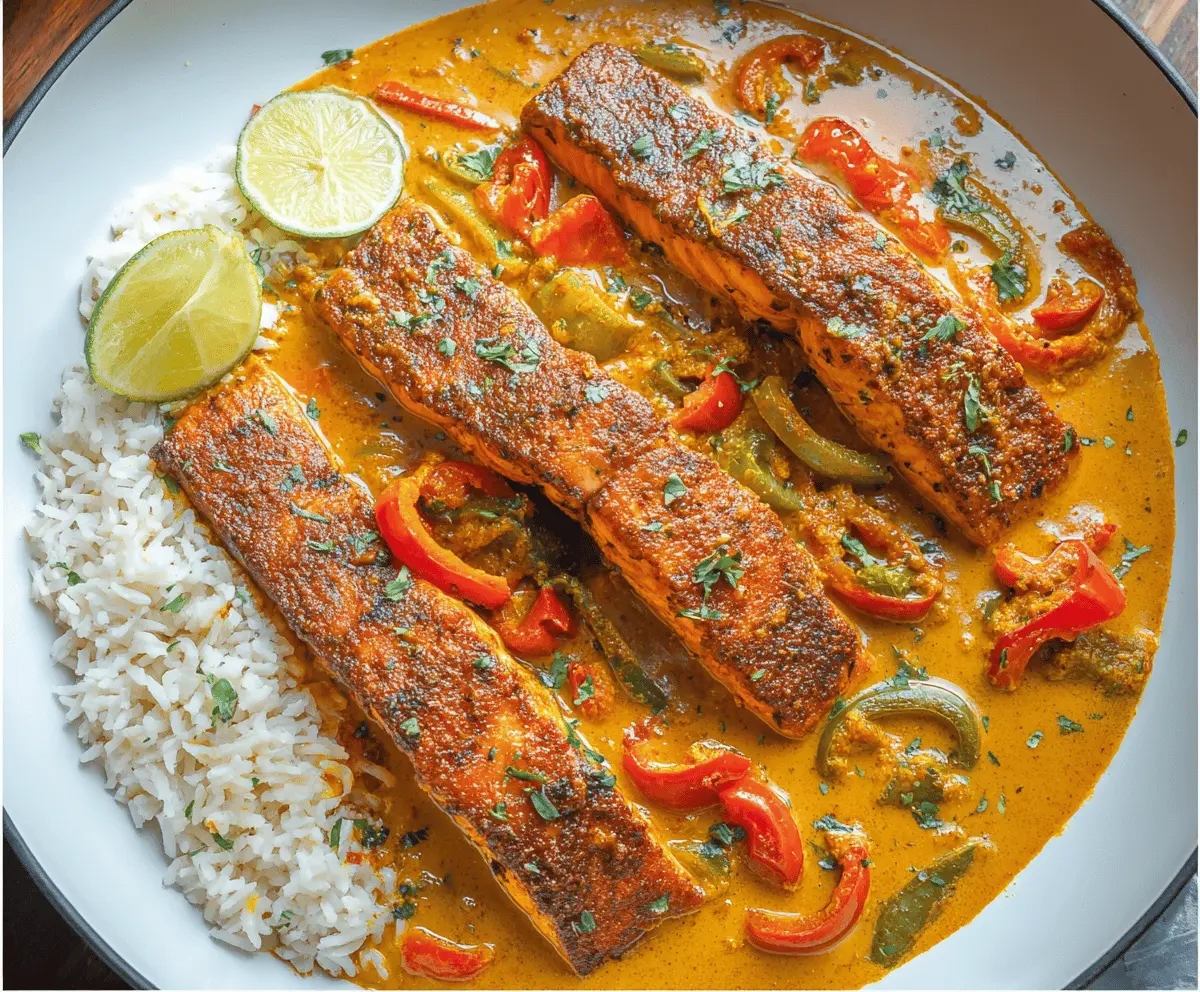 Delicious Caribbean Coconut Curry Salmon served with vibrant vegetables