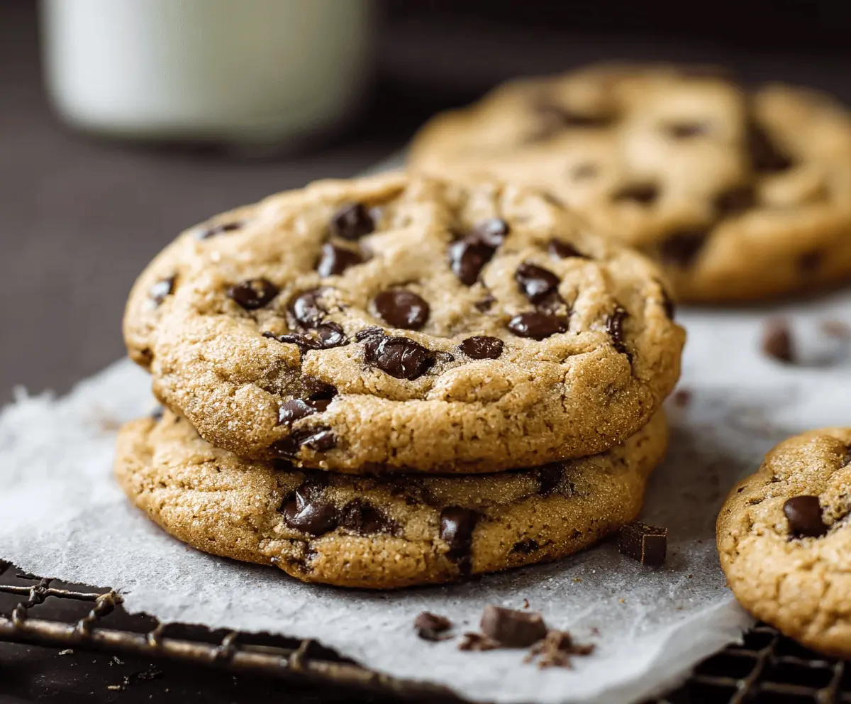 Freshly baked chocolate chip cookies on a cooling rack, with gooey chocolate chips inside, perfect for dessert.