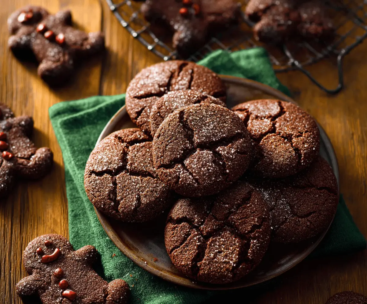 Delicious homemade chocolate gingerbread cookies on a festive platter.