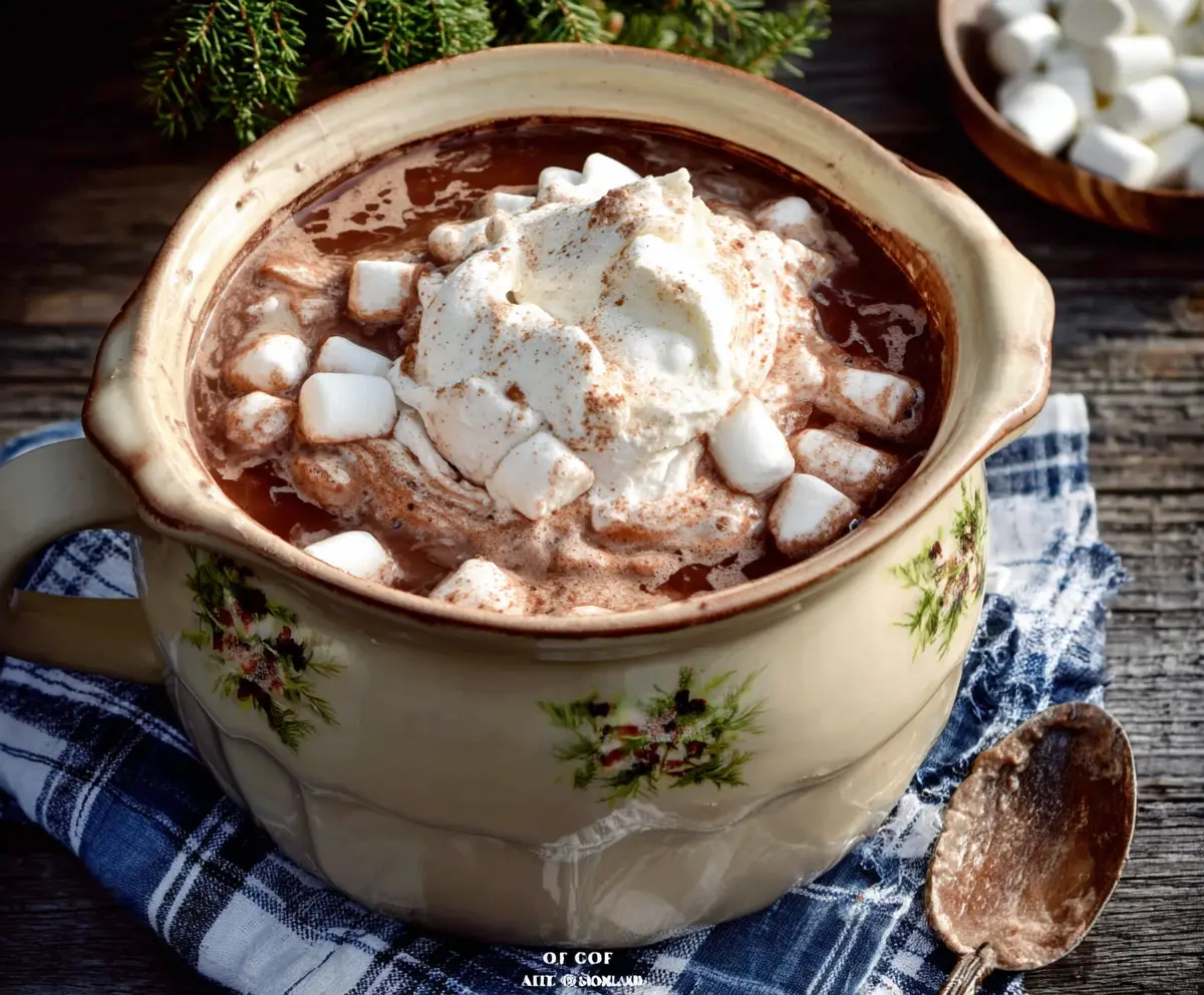 Warm and cozy Christmas Eve Crockpot Hot Chocolate with whipped cream and festive toppings