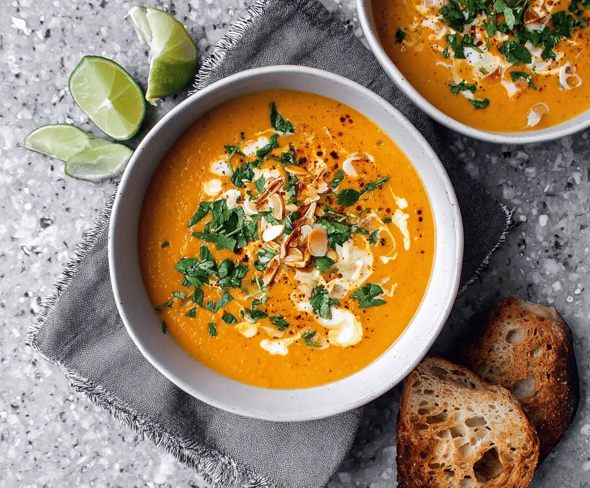 Warm bowl of Coconut Curry Sweet Potato Soup with coconut milk and spices, garnished with cilantro.