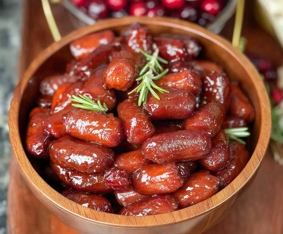 Delicious Cranberry BBQ Little Smokies served on a platter for appetizer.