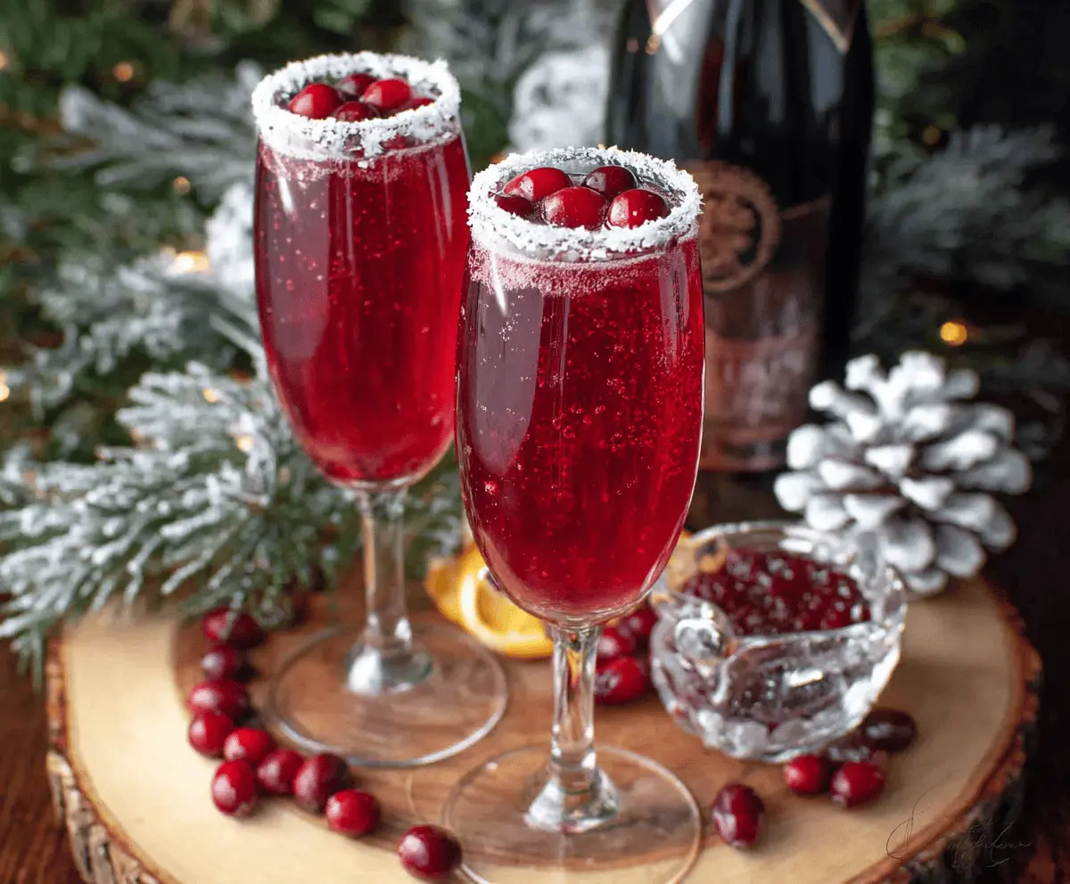 Festive Cranberry Christmas Mimosa garnished with fresh cranberries and orange slices for holiday celebration.