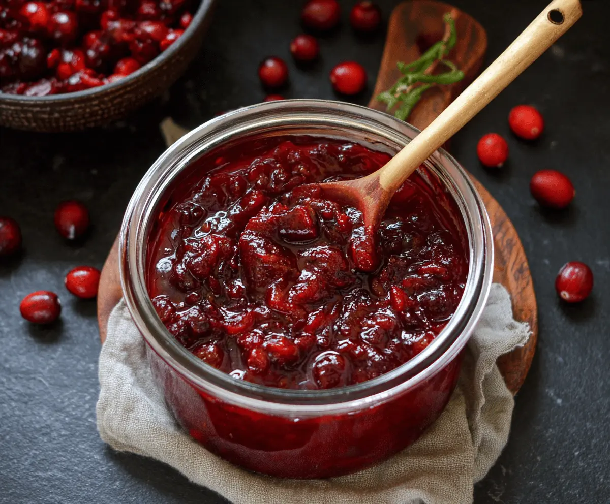 Bright and tangy Cranberry Chutney in a glass bowl, perfect for holiday meals