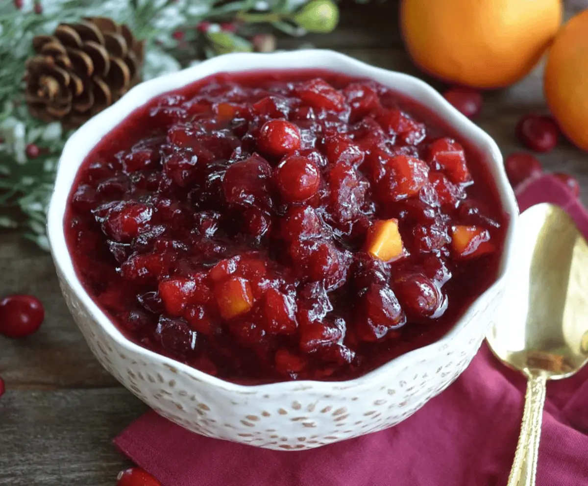 Vibrant cranberry mango sauce served in a glass bowl, showcasing a colorful, fruity condiment.