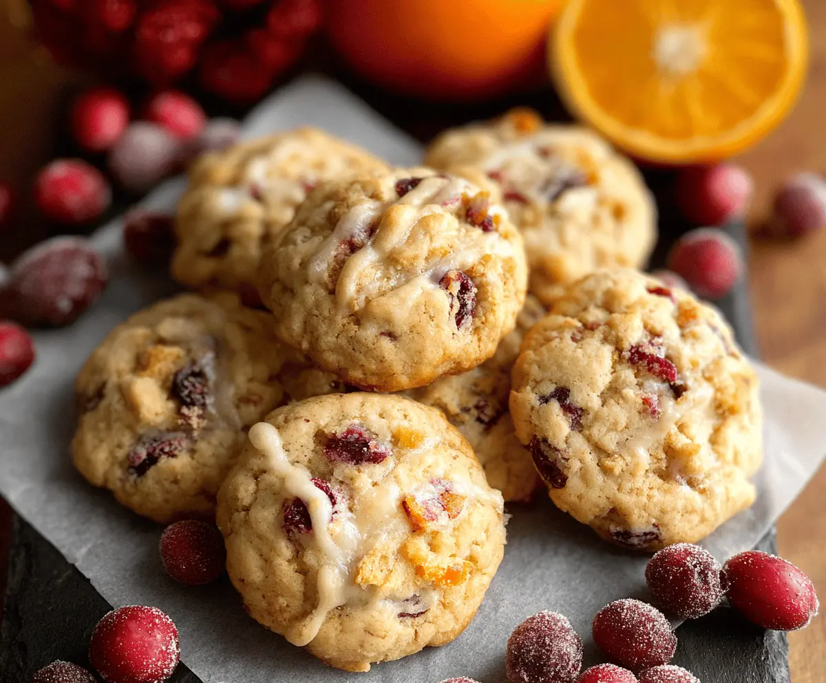 Freshly baked cranberry orange cookies on a cooling rack with vibrant orange zest and tart cranberries.