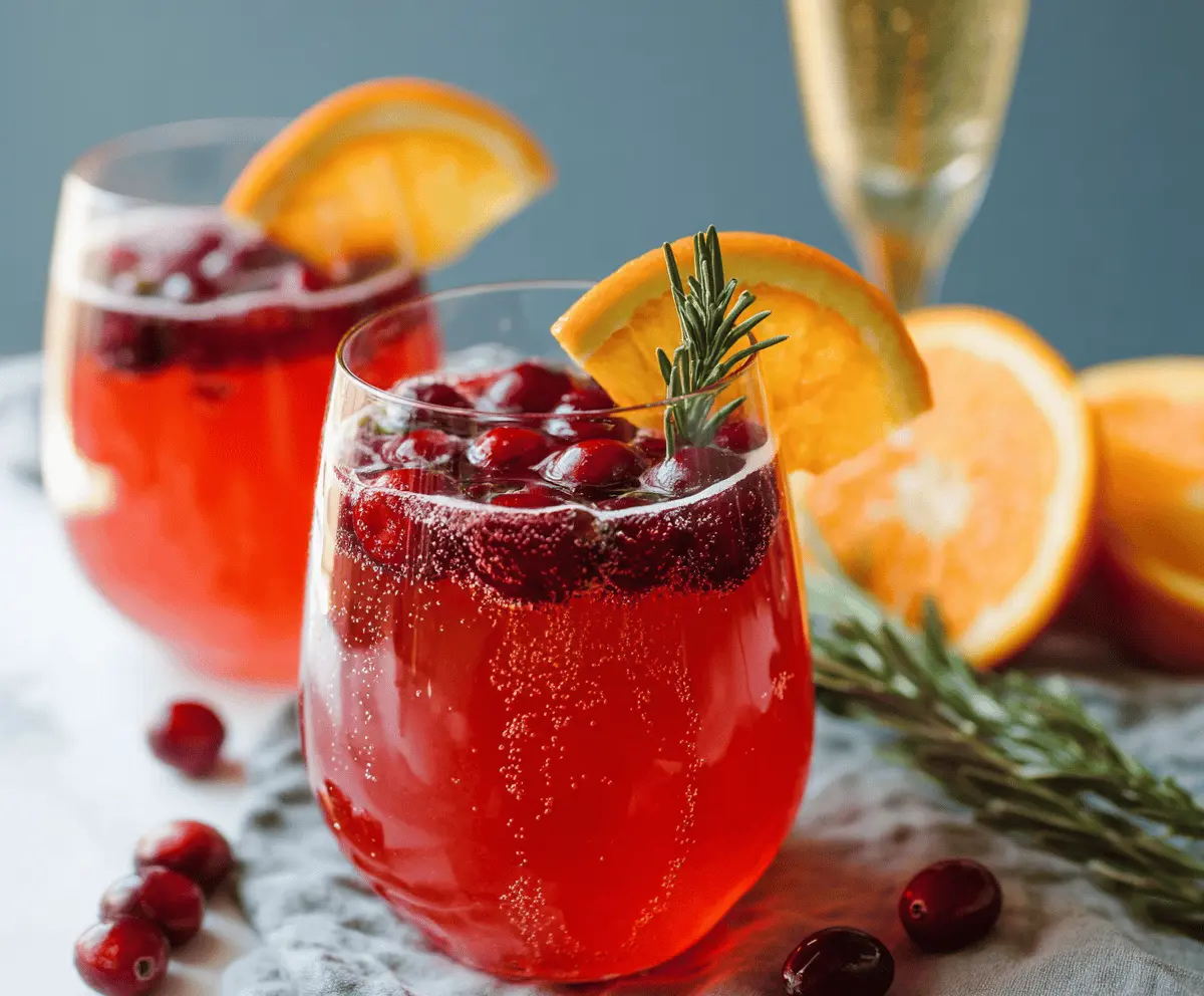 Festive cranberry orange prosecco cocktail served in a glass with fresh cranberries and orange slices