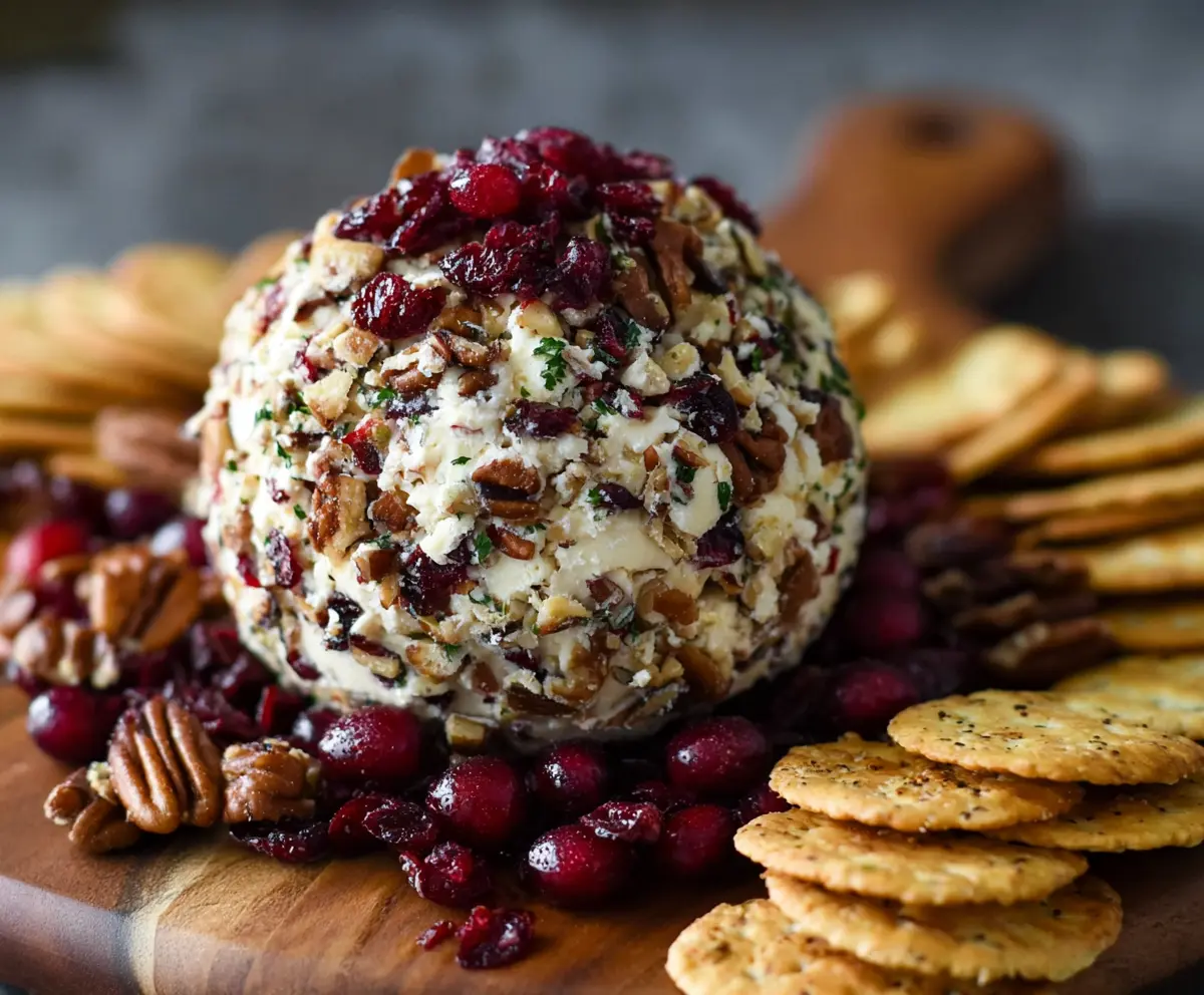 Delicious Cranberry Pecan Cheese Ball with fresh cranberries and toasted pecans, perfect for holiday parties