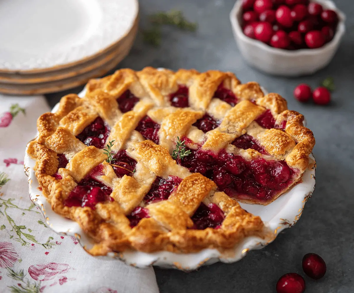 Delicious homemade cranberry pie with a golden crust and fresh cranberries on top.