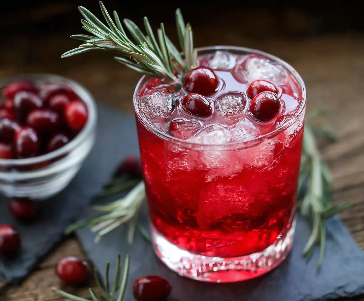 Refreshing Cranberry Rosemary Vodka Cocktail in a glass garnished with fresh cranberries and rosemary sprigs