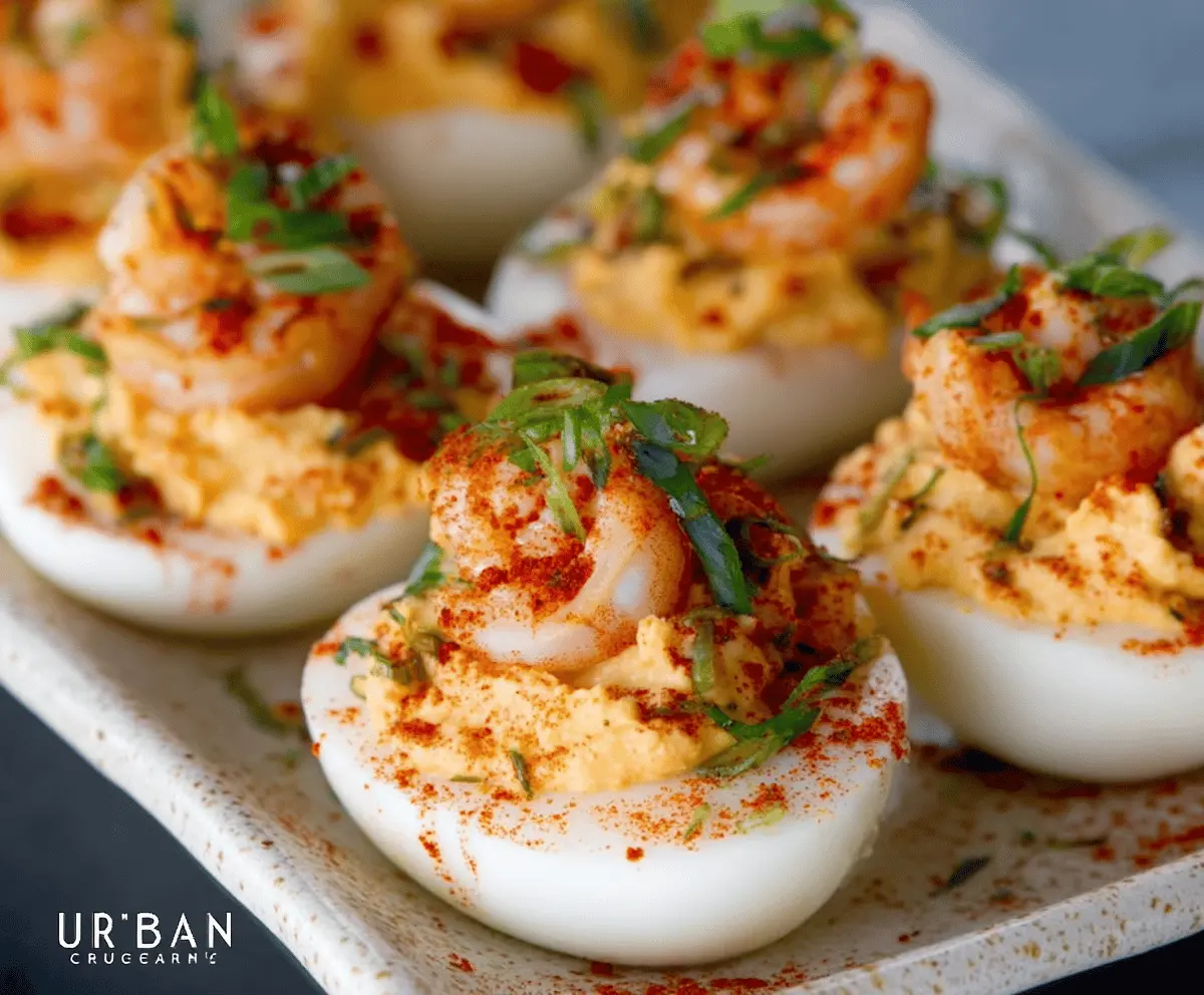 Delicious Crawfish Deviled Eggs garnished with herbs on a serving plate.