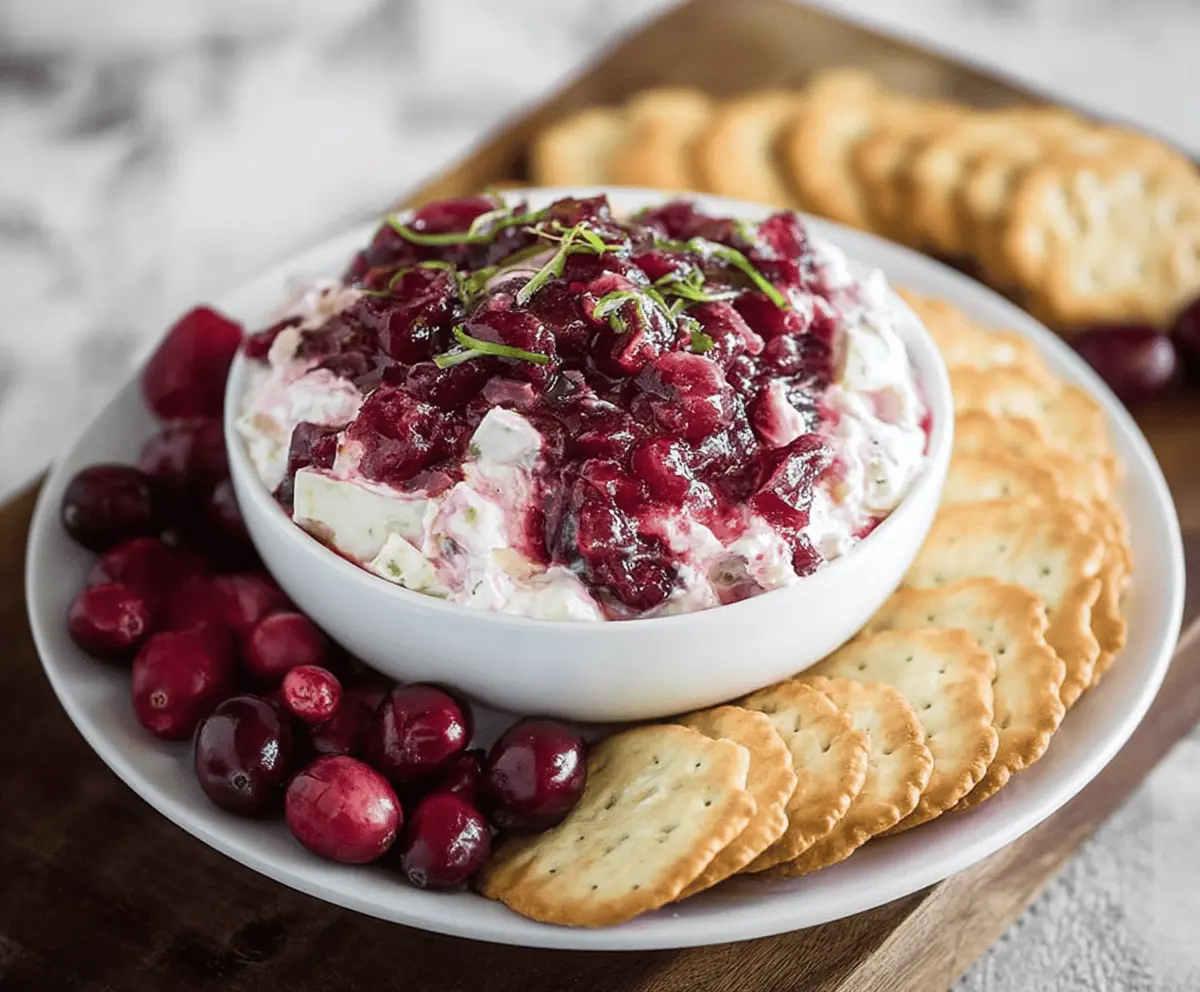 Cream Cheese Cranberry Dip served with fresh fruit and crackers for a festive appetizer.