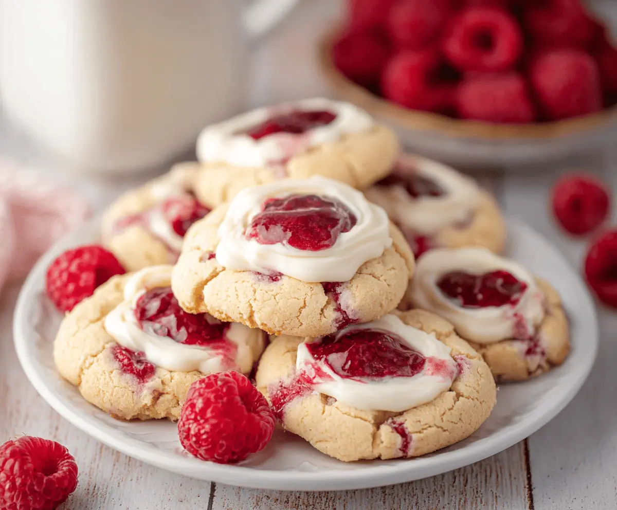 Delicious cream cheese raspberry cookies on a plate, showcasing their bright red raspberry filling and creamy texture.