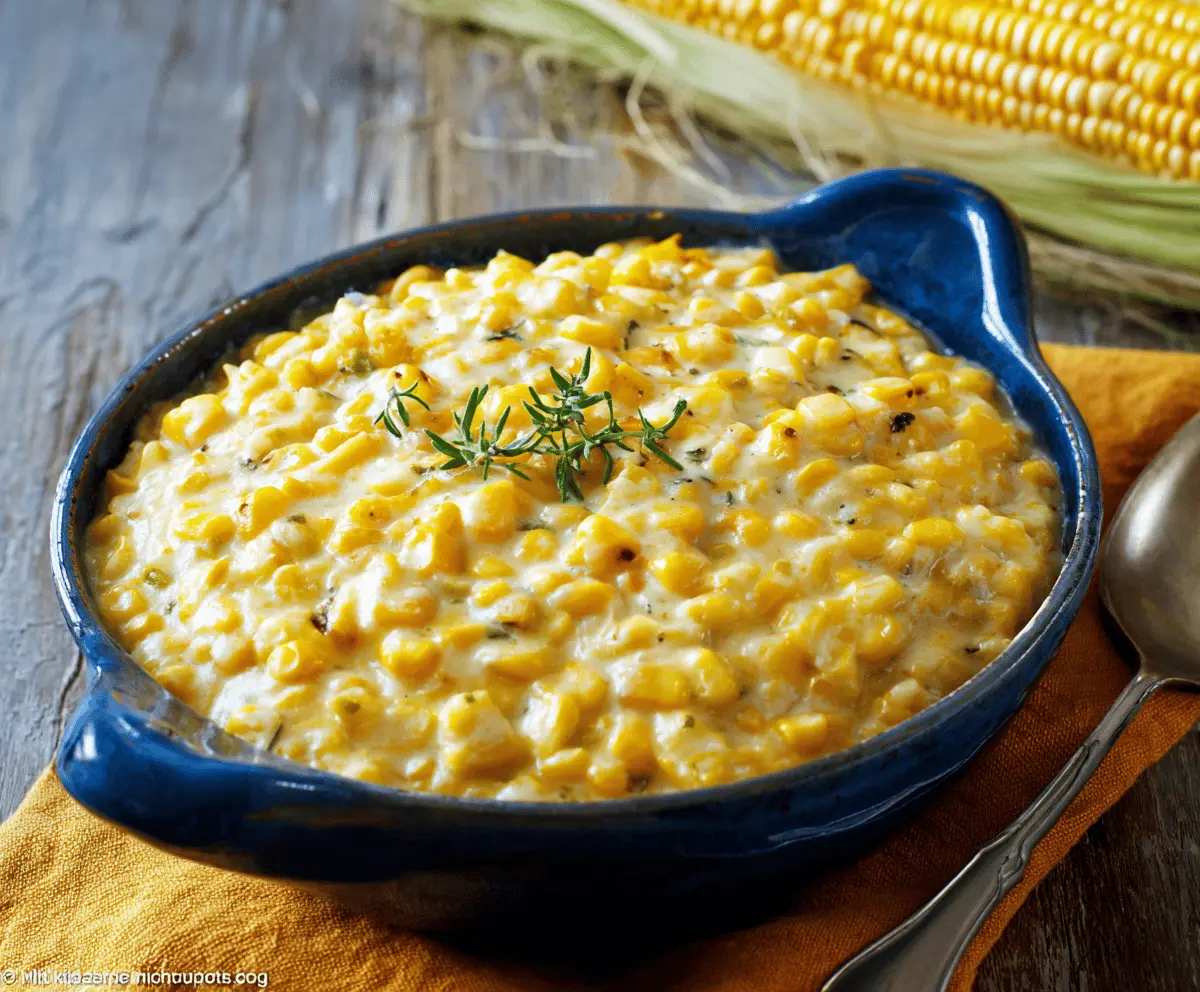 Creamed Corn in a bowl topped with fresh herbs, showcasing its creamy texture and vibrant flavor.