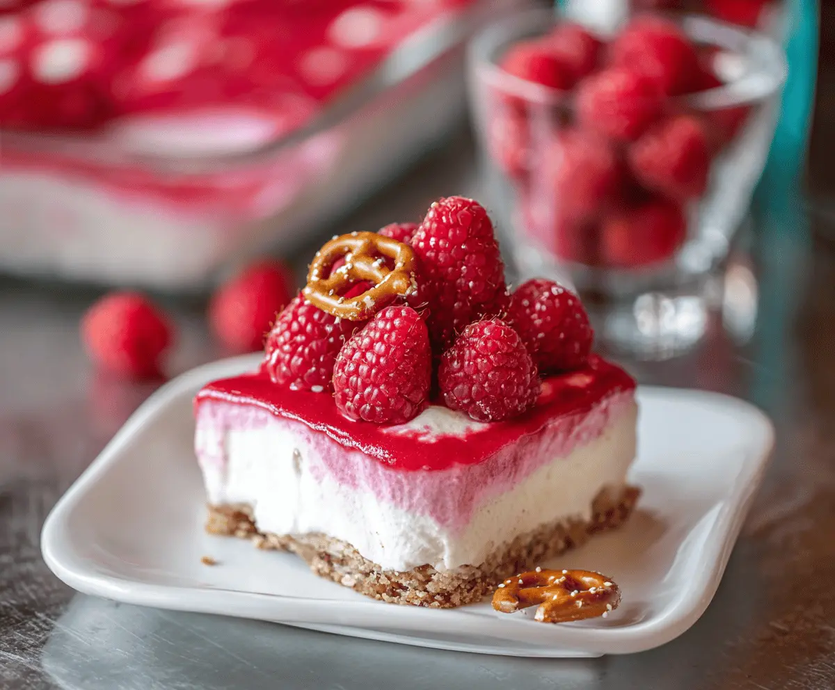 Delicious creamy raspberry pretzel dessert with a smooth topping and crunchy pretzel base