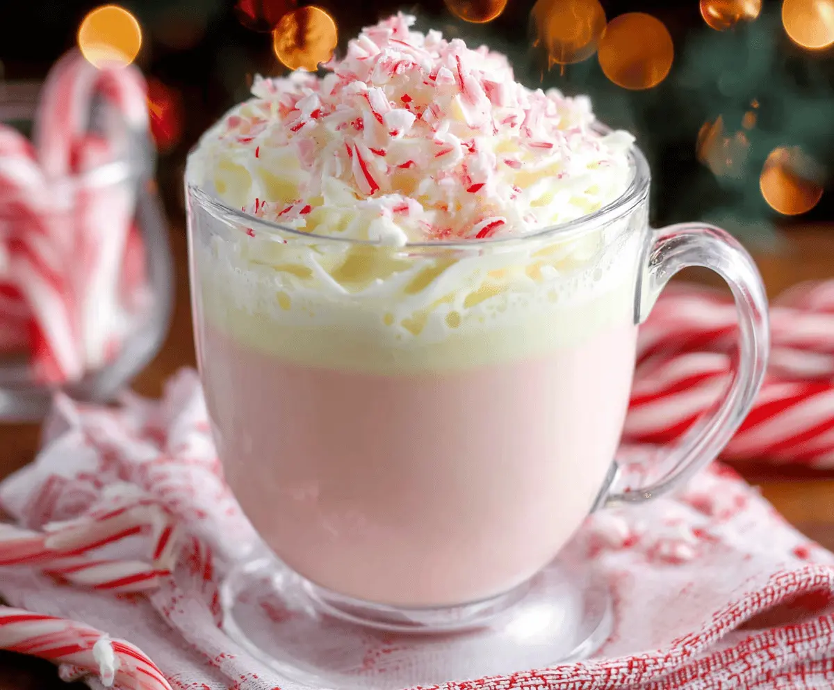 Creamy Crockpot Candy Cane White Hot Chocolate topped with whipped cream and crushed peppermint for festive holiday enjoyment.