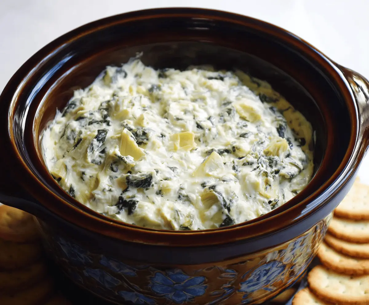 Creamy crockpot spinach artichoke dip served with bread and vegetables.