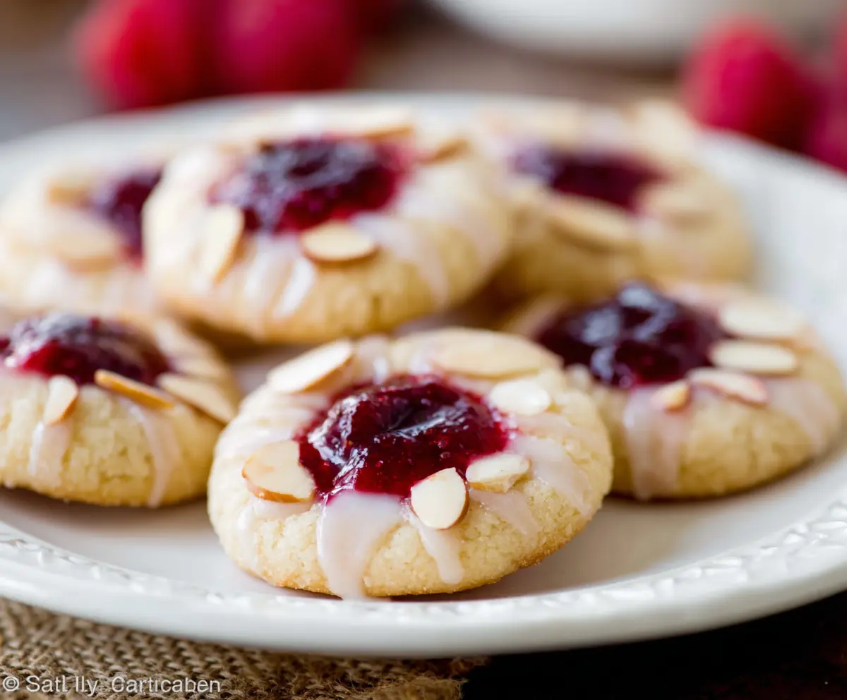 Delicious homemade raspberry almond thumbprint cookies with vibrant berries and crunchy almond topping.