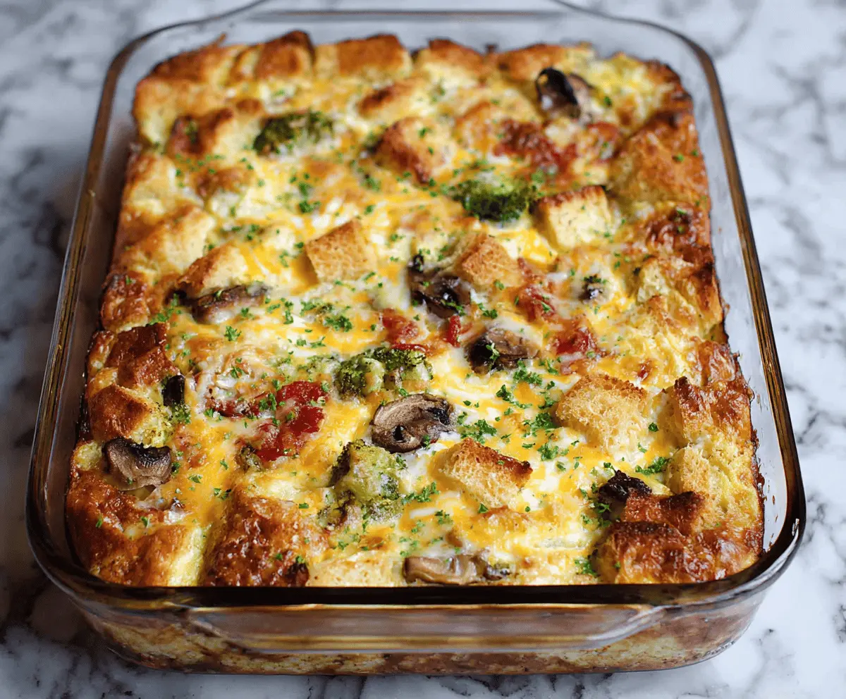Delicious egg breakfast casserole with melted cheese and vegetables, perfect for a hearty morning meal