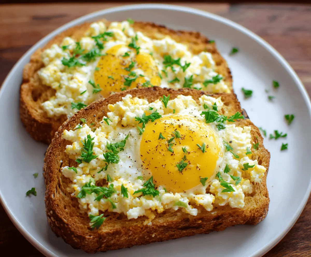 Delicious egg toast topped with soft cooked eggs and crispy bread for a breakfast recipe.